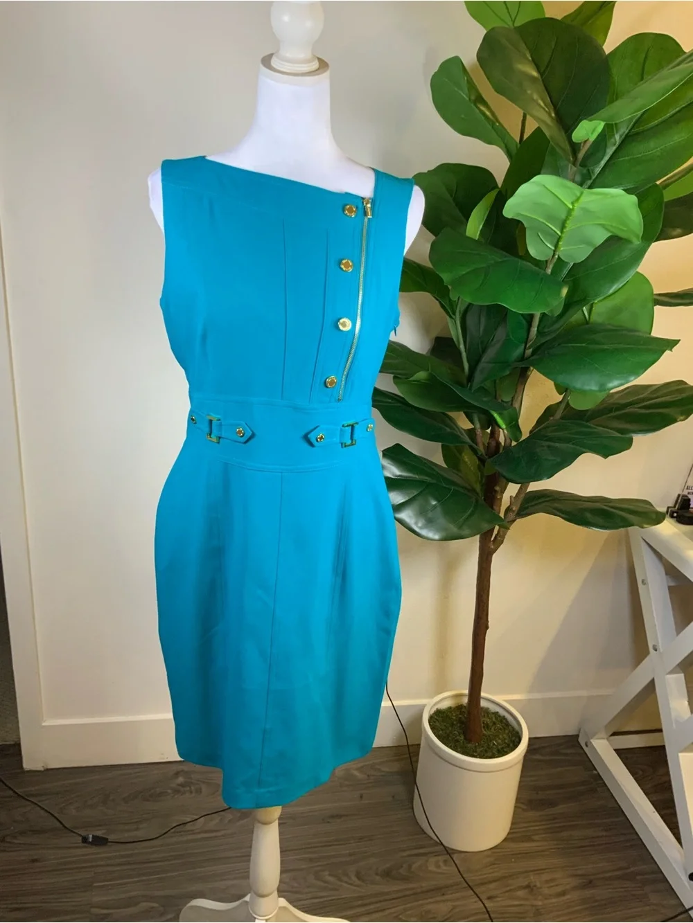Calvin Klein Teal Sheath Dress with Gold Buttons